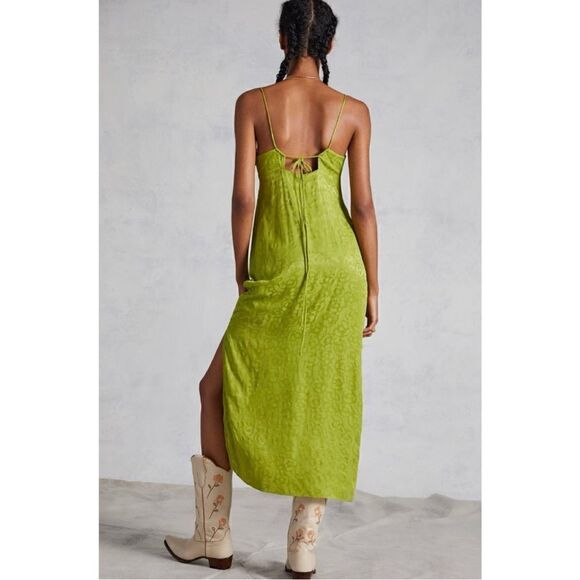 NEW Anthropologie Green Adjustable Tie Cross-Back Zipper Slip Midi Dress Size 10 - Picture 4 of 4